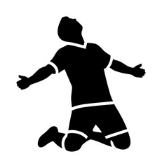 Soccer player silhouette celebrating goal on knees, football athlete winning gesture vector, black and white sports champion emotional pose © Sazzad