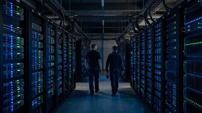 Two IT technicians walking through a modern high tech data center server room.