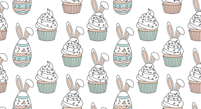Festive Easter seamless pattern with decorated cupcakes, bunny ear eggs, and sweet treats in soft pastel colors for holiday celebrations.