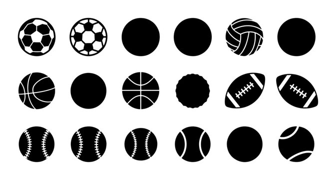 Minimalist sports ball icons set, 18 black vector silhouettes of soccer basketball and football equipment, athletic game symbols for web design
