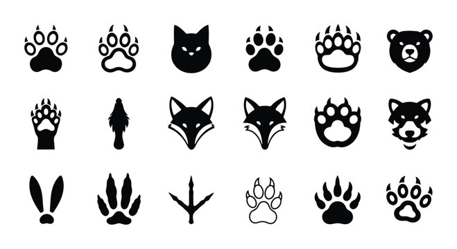 Animal paw prints and wildlife head icons, 18 black vector silhouettes of forest animal tracks and faces, predator claw marks and bird footprints