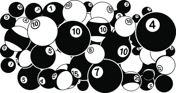 A chaotic arrangement of black and white billiard balls with visible numbers creating a visually striking pattern