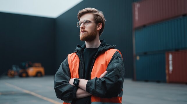 A focused young man with a beard and glasses wearing a highvisibility orange safety vest, standing with arms crossed in a shipping container yard