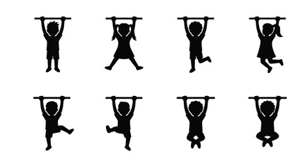 Black silhouette children hanging on monkey bars, set of 8 active kids playing on playground equipment, childhood fitness and outdoor recreation vector © Ruma