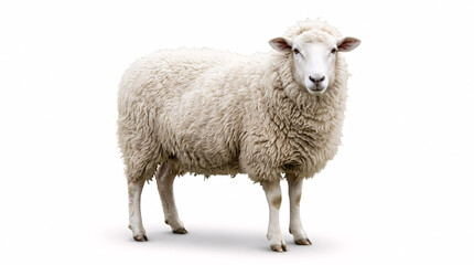 Fototapeta premium Studio shot of a peaceful white domestic sheep, thick fluffy wool, isolated on a pristine white background