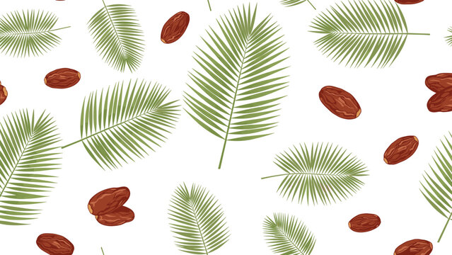 Tropical seamless pattern showcasing green palm fronds and ripe brown dates scattered across a clean white surface for design.