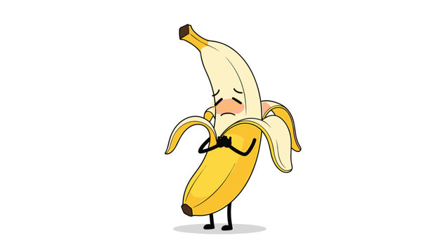 Cute cartoon banana character looking sad and embarrassed while peeling its yellow skin on a simple white background with shadow.