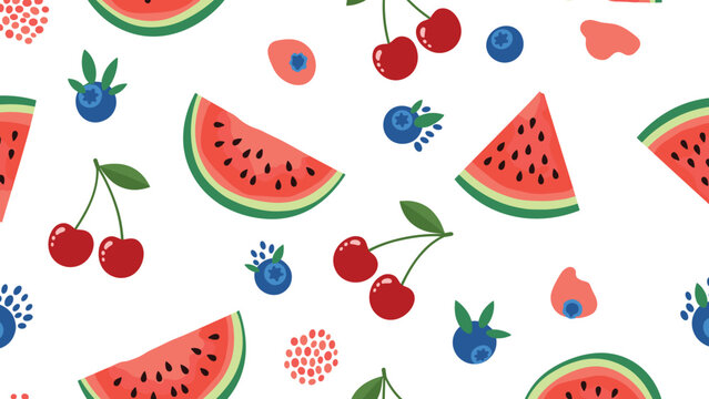 Refreshing summer fruit pattern featuring watermelon slices cherries and blueberries scattered on a white background with accents.