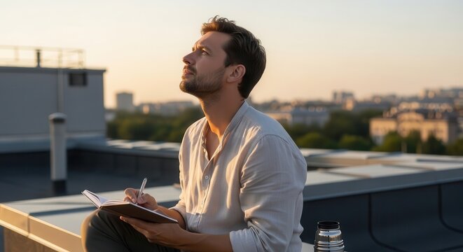 man sitting on rooftop writing in notebook during sunset