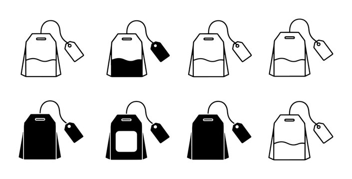 Minimalist tea bag icon set, 8 black and white vector tea bag symbols with tags, flat line and solid beverage infusion graphics for menu design