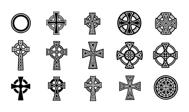 Celtic cross vector icons set, traditional Irish knotwork religious symbols, 15 black and white medieval spiritual elements for graphic design