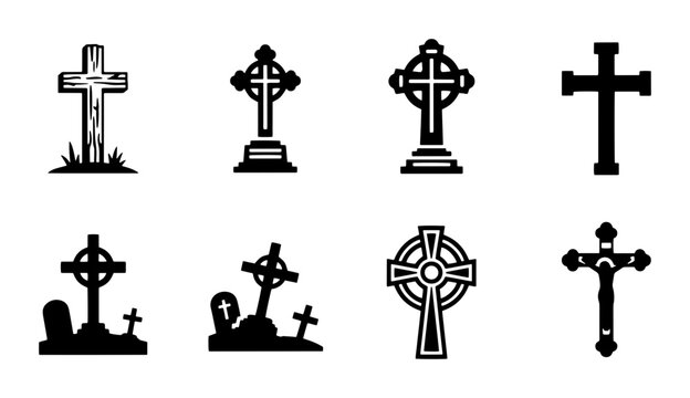 Gothic cemetery cross icons set, black gravestone and tombstone silhouettes, 8 religious funeral vector elements for memorial design