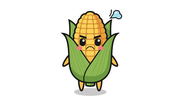 Angry corn on the cob character with steam coming from its head and blushing cheeks in a cute cartoon style illustration.