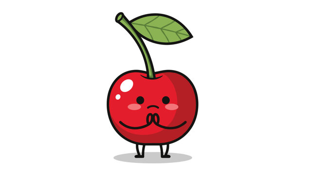 Sad and apologetic red cherry fruit character with a stem and leaf looking down with hands together on a white background.