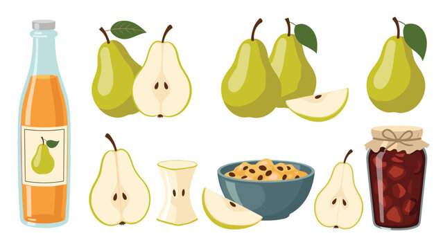 Various pear products including whole fruit sliced pieces juice bottle bowl of porridge and a jar of jam on a white background.