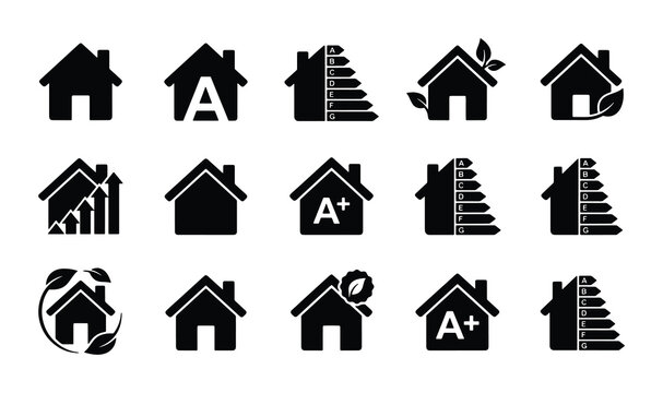 Energy efficiency house icons set, eco home sustainability symbols, 15 black vector silhouettes for green building and real estate ratings