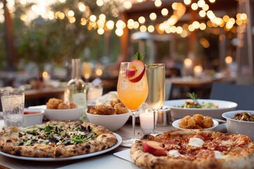 Fototapeta premium Delicious Italian Food Spread on a Table with Twinkling Lights.
