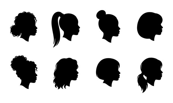 Black woman silhouette head profile set, 8 female hairstyle icons with curly and straight hair, African American lady face side view vector collection