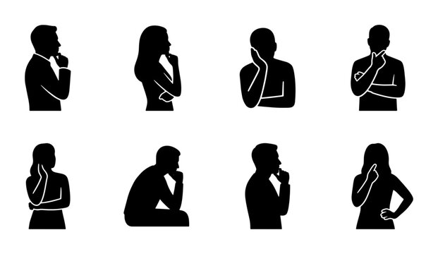 Thinking people silhouettes set, 8 black vector icons of men and women in pensive poses, human figures contemplating and making decisions