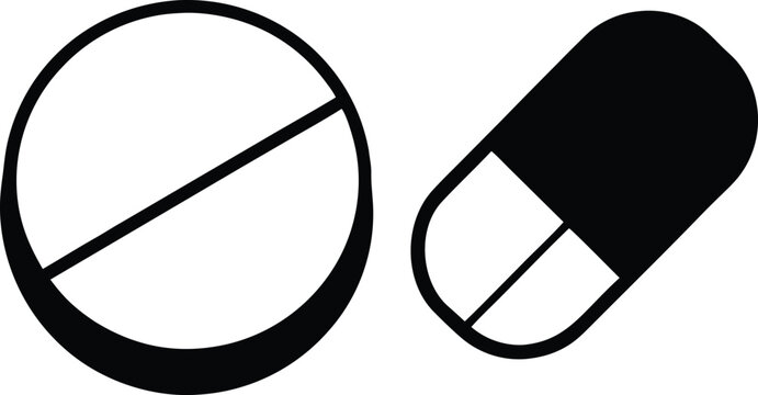 Black vector icons of a circle pill and capsule