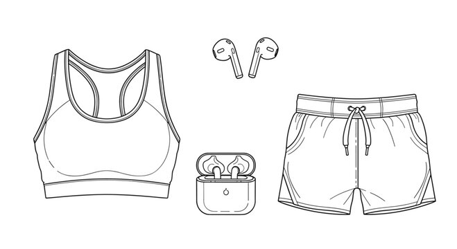 Collection of athletic gear line drawings featuring a sports bra, wireless earbuds with case, and running shorts for fitness enthusiasts.
