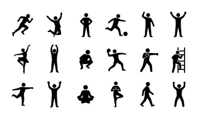 Fototapeta premium Minimalist stick figure icons set, black human silhouettes in various action poses, 18 people vector elements for sports and lifestyle infographics
