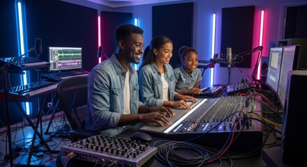 Audio engineers and young apprentice producing music in a modern