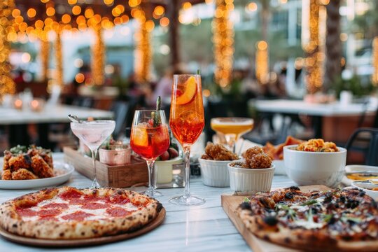 Delicious Italian Pizza and Aperitivo Drinks Served Outdoors at Dusk.