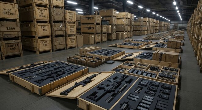 Military Rifles and Equipment Stored in a Vast Warehouse