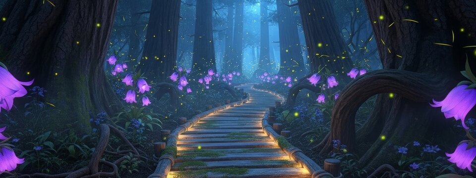 Magical night path through a glowing swamp forest with fireflies