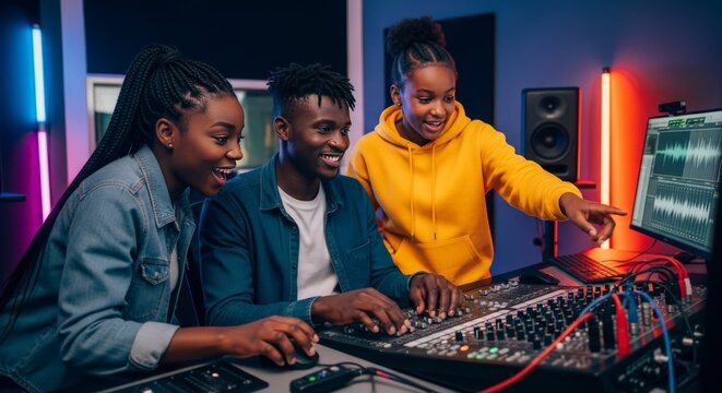 Audio engineers and young apprentice producing music in a modern