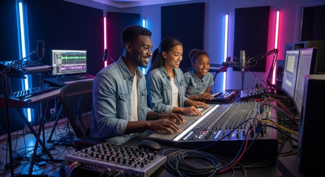 Audio engineers and young apprentice producing music in a modern