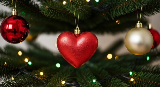 Shiny Red Heart Ornament Reflecting Christmas Lights and Person