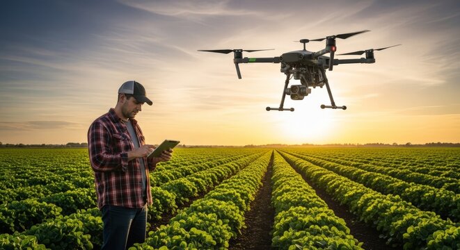 Farmer with drone inspecting crop field at golden hour