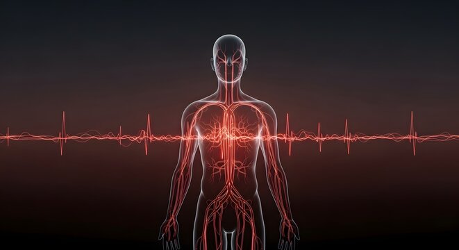 The human body displays a glowing red cardiovascular system with an electrocardiogram reading.