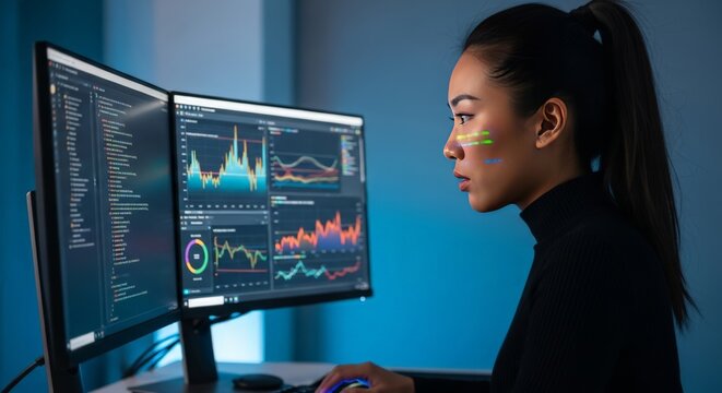 Female software engineer intently monitoring code and analytics in dark