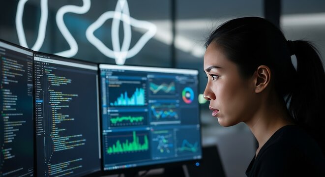 Woman Analyzing Data on Multiple Computer Screens