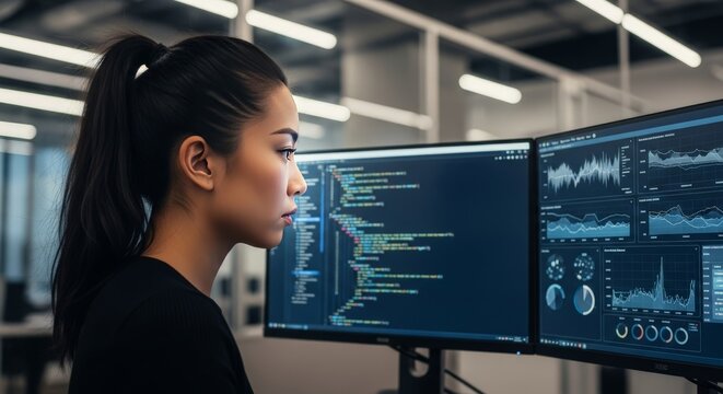 Woman Analyzing Data on Multiple Computer Screens