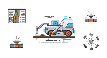 Fototapeta premium Industrial robotic arm, machinery icons, factory automation, robotics symbols, industrial equipment
