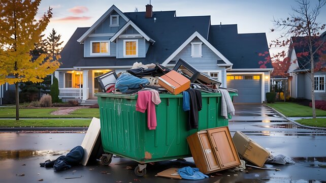 Oversized dumpster overflowing with household trash and debris in front of a suburban house dumpster overflowing suburban