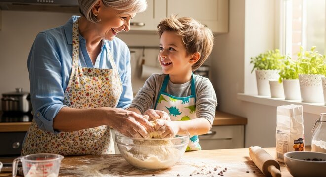 Grandmother and grandson happily bake together in a sunlit kitchen