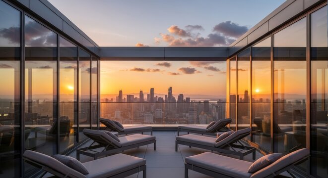 Rooftop terrace with panoramic city skyline view at sunset