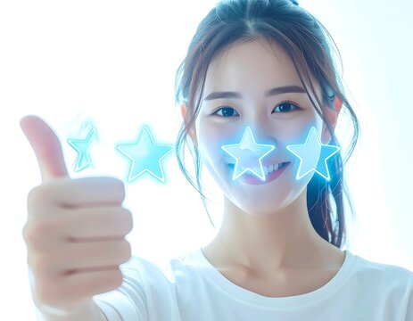 Happy Asian Woman Digital Illustration With Blue Stars Giving Thumbs Up Gesture For Customer Satisfaction Rating Feedback Concept