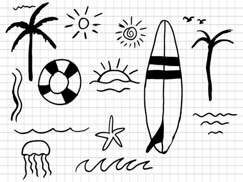 Hand Drawn Summer Beach Doodle Set, Surfboard and Palm Tree Sketch, Minimalist Tropical Vacation Illustration
