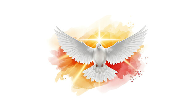 A white dove of peace with outstretched wings bathed in bright divine light