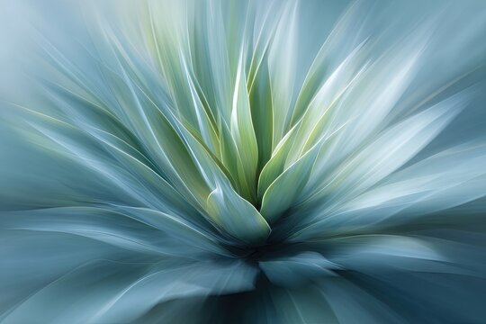 A close-up photograph showcases a vibrant agave plant with radiating, elongated leaves in shades of green and blue, creating a mesmerizing abstract pattern.