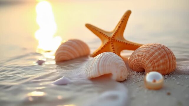 Seashells with pearl and starfish on white sand in golden hour light