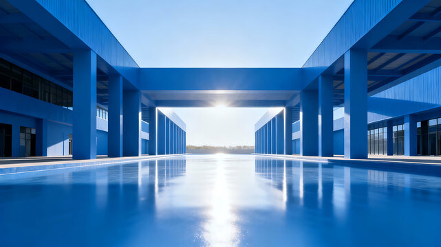 Blue architectural structure with reflective pool