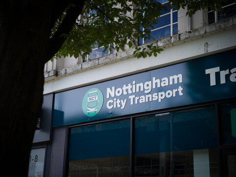 Nottingham, United Kingdom, 18th April 2026, Nottingham City Transport Travel shop logo brand and store sign