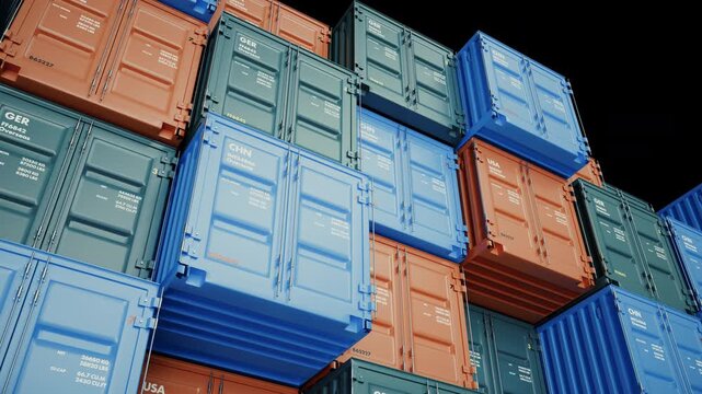 Colorful Shipping Container Stacks Loop with Dynamic Industrial Cargo Pattern, Global Logistics and Freight Concept
